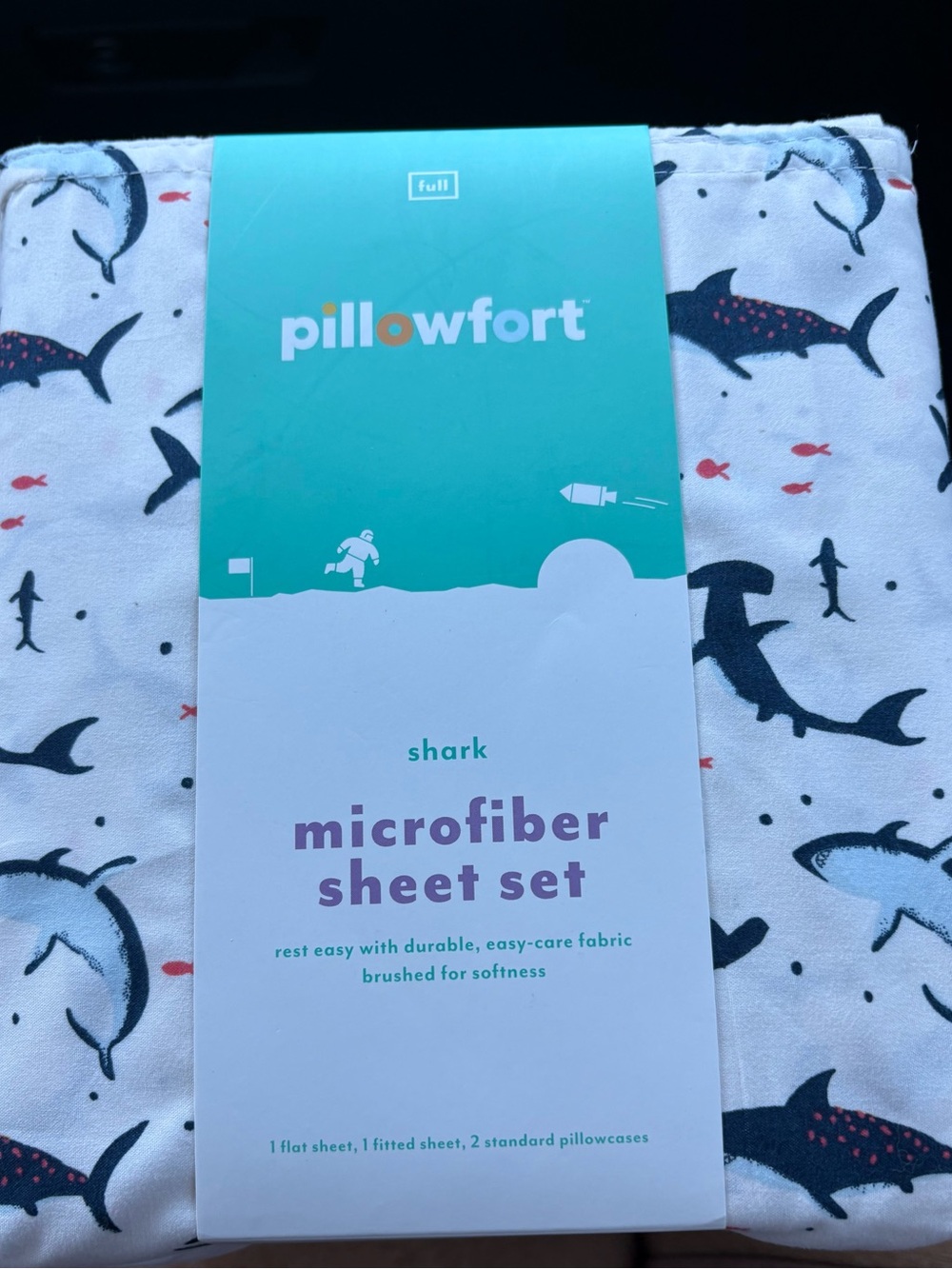 Pillowfort White Microfiber Sheet Set with Navy & Coral Shark Print
